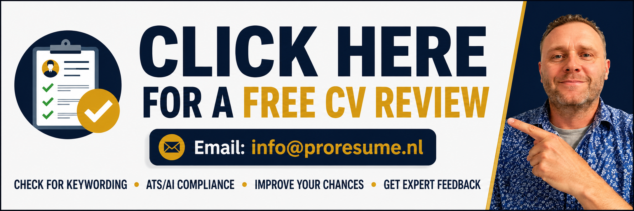 Free professional CV review for jobs in the Netherlands. ATS and AI compliant CV feedback for expats, professionals, managers and executives.